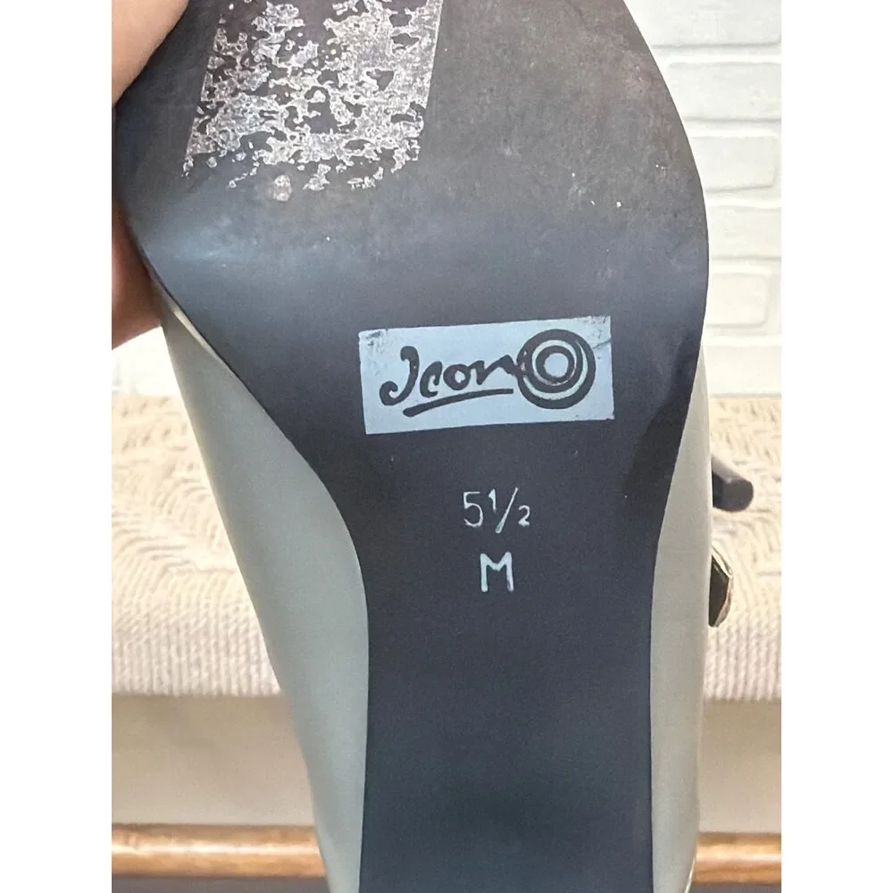 Icon Chinese Bicycle Print Grey Leather Mule Heels 5.5